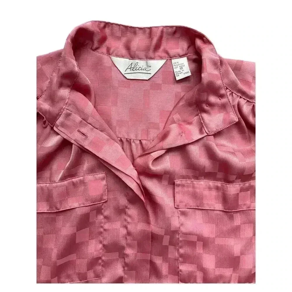 Vintage Alicia Women's Satin Style Long Sleeve Blouse Pink Size 10 Button Front - Picture 9 of 14